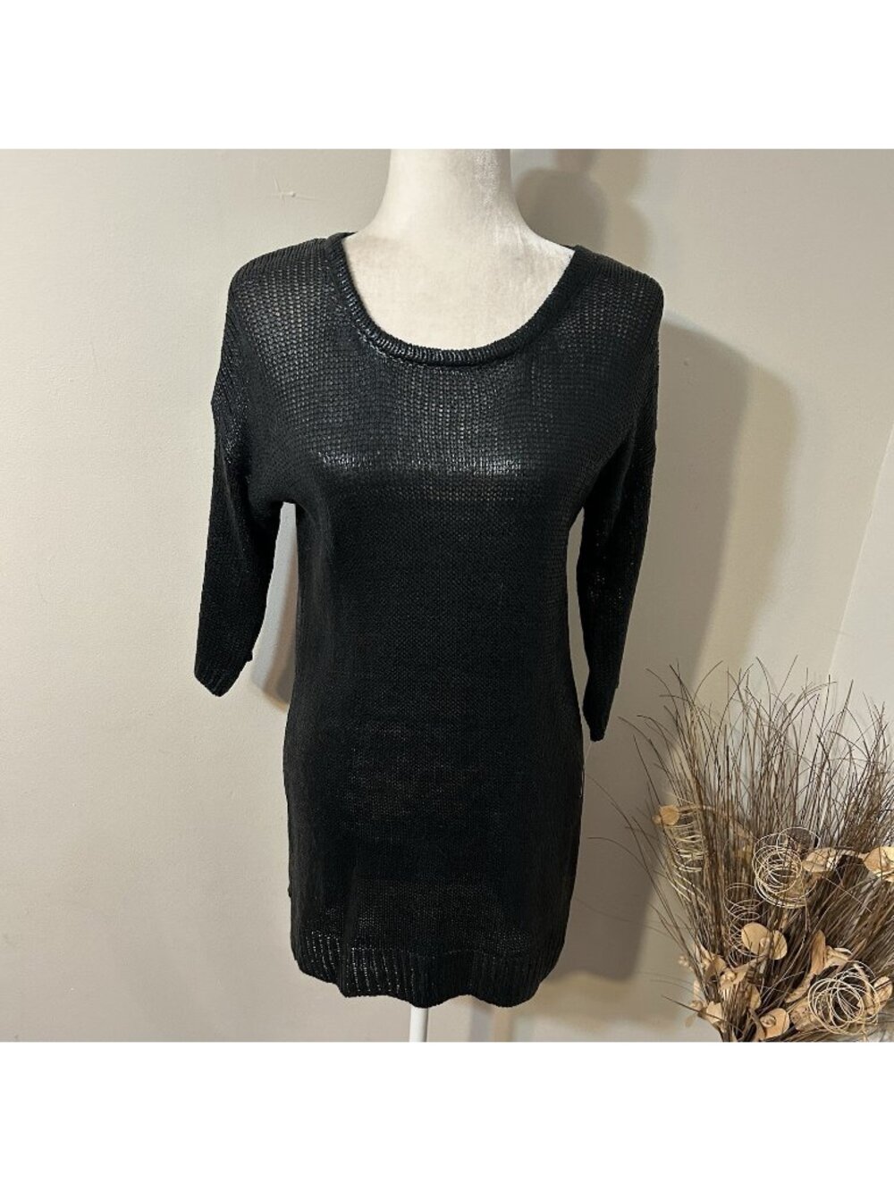 New Awake Couture Women Sweater Tunic Coated Glossy Knit Black Short Sleeve Sz L